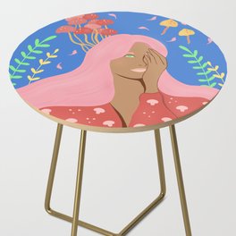 Magical girl with mushrooms navy blue Side Table