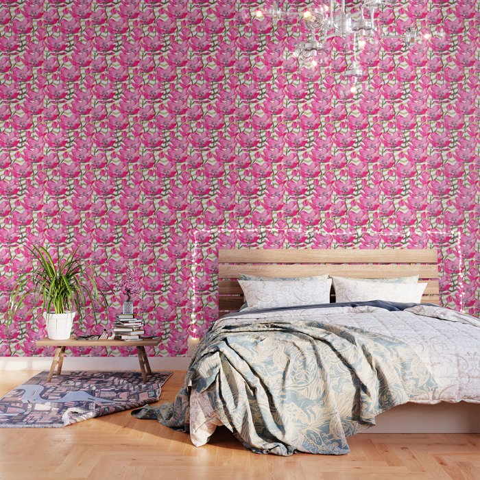 Modern Neon Pink Floral Watercolor Black Pattern Gold Chevron