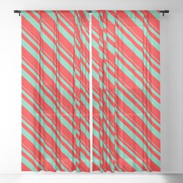 [ Thumbnail: Aquamarine & Red Colored Striped/Lined Pattern Sheer Curtain ]