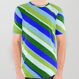 [ Thumbnail: Eye-catching Green, Light Cyan, Dark Green, Blue & Sky Blue Colored Lines/Stripes Pattern All Over Graphic Tee ]