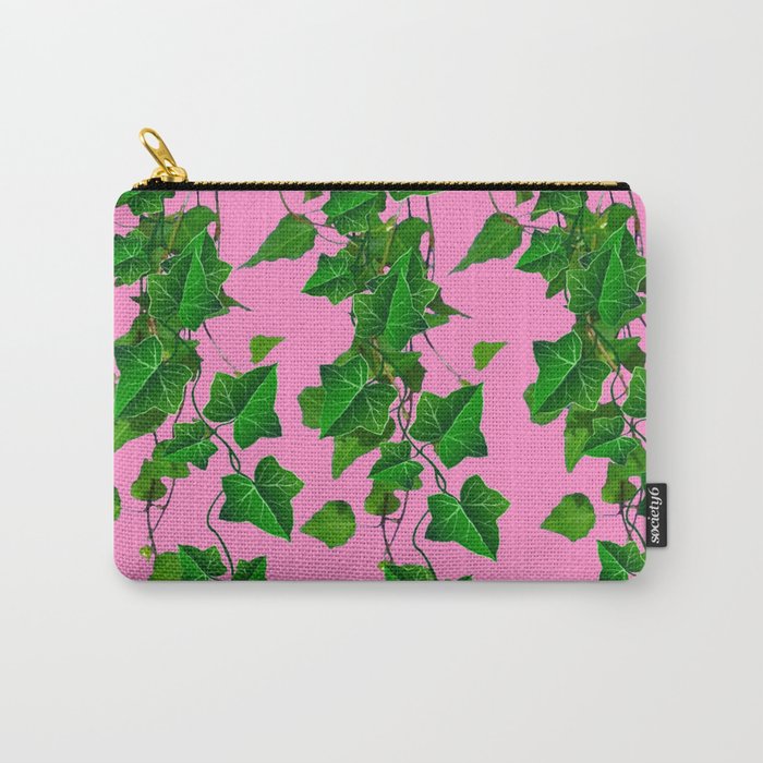 GREEN IVY HANGING LEAVES & VINES ON PINK Carry-All Pouch | Drawing, Pattern, Ink, Digital, Acrylic, Abstract, Colored-pencil, Pink-art, Green-ivy-art, Green-coffee-cups