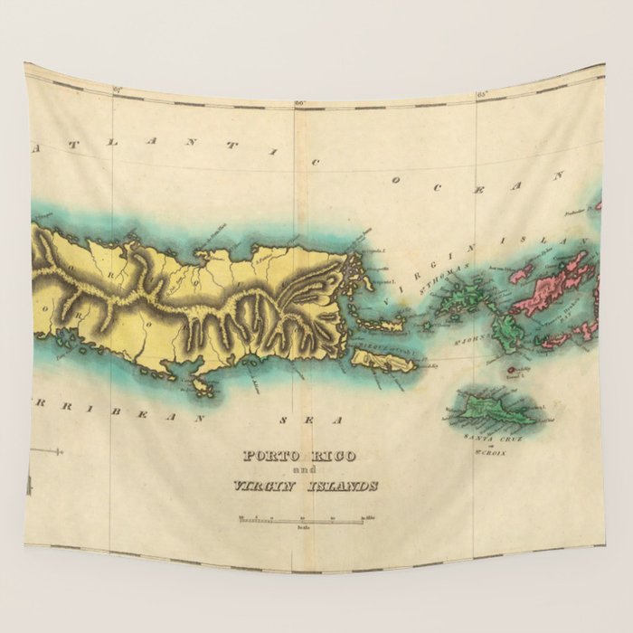 Vintage Map of Puerto Rico & Virgin Islands (1822) Wall Tapestry by 