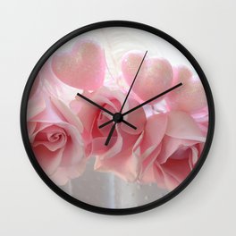 Shabby Chic Romantic Pink Whte Roses Hearts Floral Decor Wall Clock