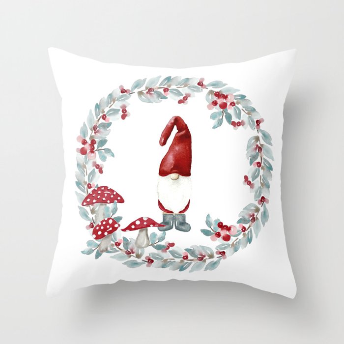 Gnome For The Holidays - Mushroom Wreath Throw Pillow