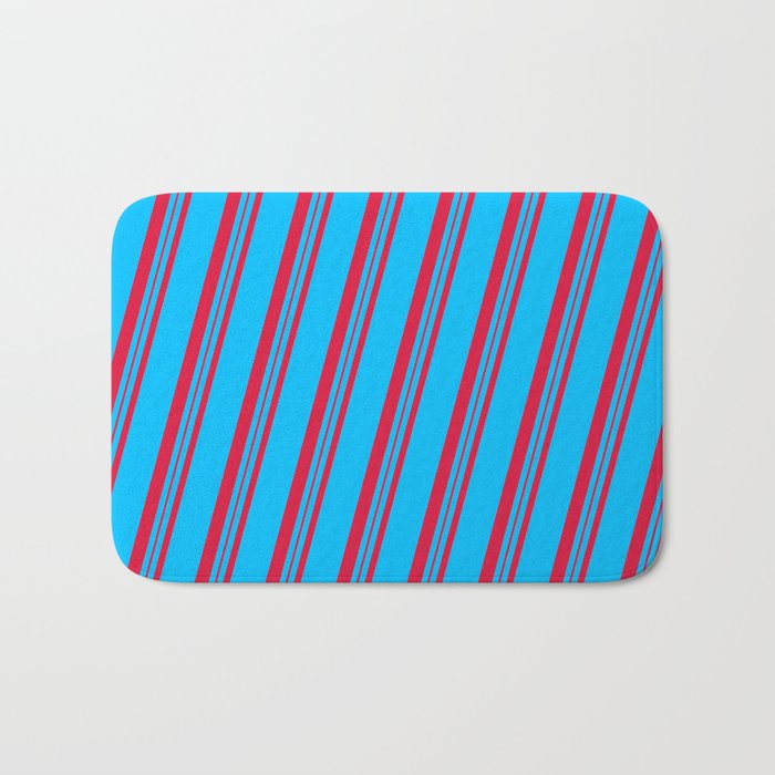 Deep Sky Blue and Crimson Colored Lines/Stripes Pattern Bath Mat