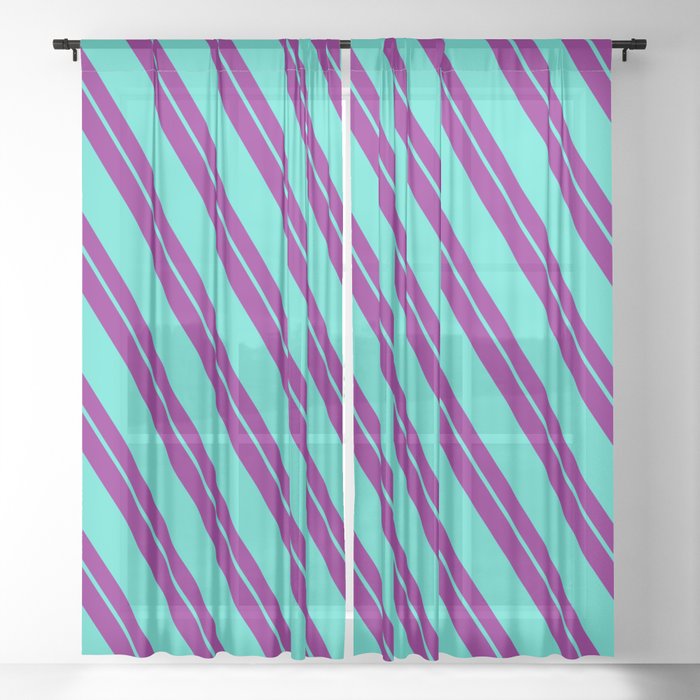 Purple and Turquoise Colored Lined/Striped Pattern Sheer Curtain