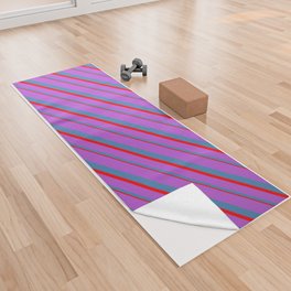[ Thumbnail: Orchid, Blue, and Red Colored Lines/Stripes Pattern Yoga Towel ]