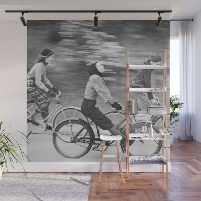 Women Riding Bicycles black and white photography / black and white photographs Wall Mural