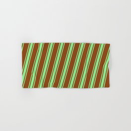 [ Thumbnail: Brown & Light Green Colored Striped/Lined Pattern Hand & Bath Towel ]