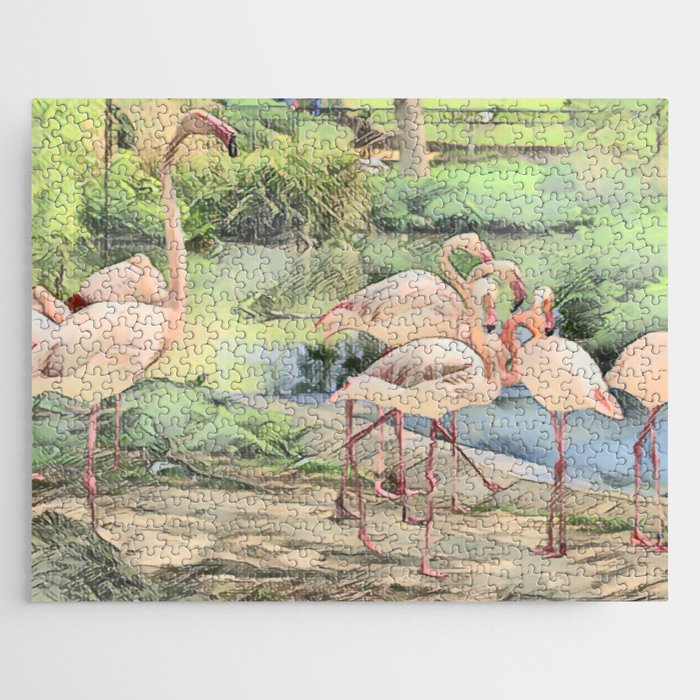 Flamingo Family In Pen And Ink Jigsaw Puzzle
