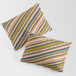 [ Thumbnail: Pink, Dark Slate Gray, and Dark Goldenrod Colored Lines Pattern Pillow Sham ]