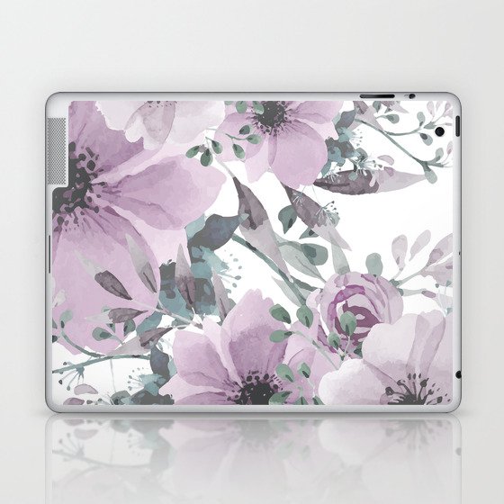Floral Watercolor, Purple and Gray Laptop & iPad Skin