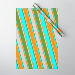 [ Thumbnail: Green, Cyan, Dark Orange, and Light Gray Colored Stripes/Lines Pattern Wrapping Paper ]
