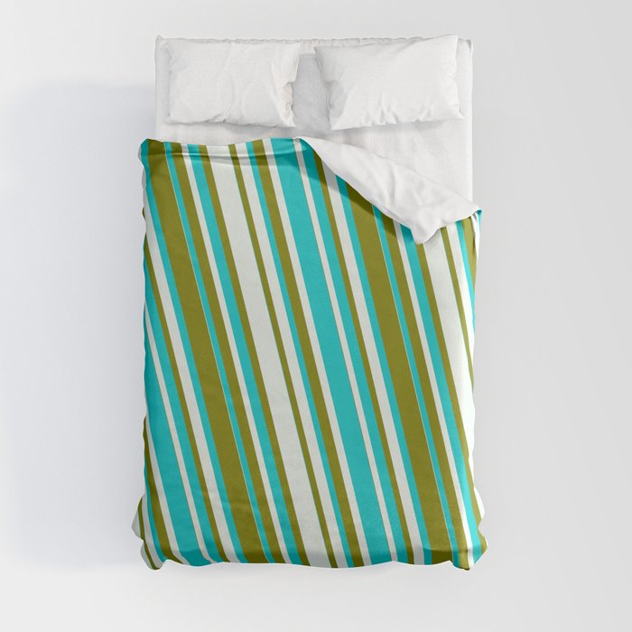 Dark Turquoise, Mint Cream, and Green Colored Striped/Lined Pattern Duvet Cover
