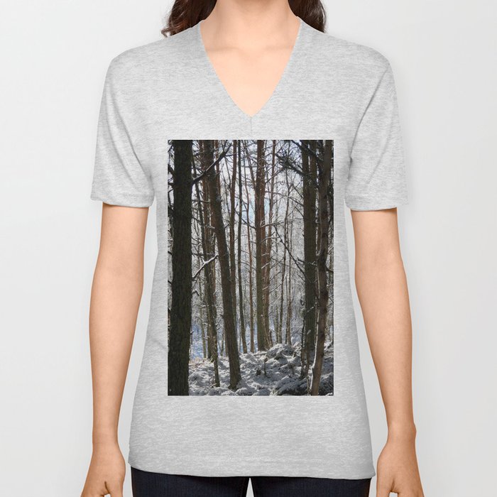 Birch and Pine Trees Amongst the Snow V Neck T Shirt