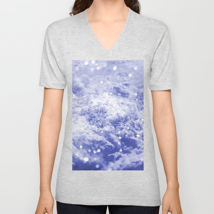 Sky blue white glitter abstract watercolor clouds V Neck T Shirt