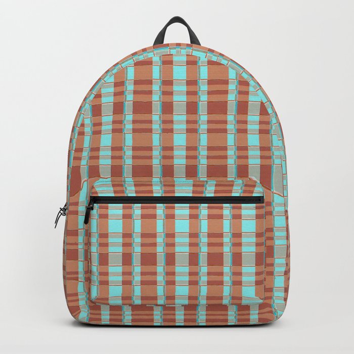 70s Turquoise Blue And Orange Grid Pattern Backpack