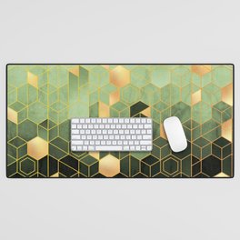 Olive Green + Golden Hexagonal Modern Abstract Pattern Desk Mat