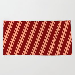[ Thumbnail: Maroon and Light Salmon Colored Stripes Pattern Beach Towel ]