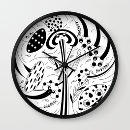 Mushroom Friends in the Black and White Forrest Illustration Wall Clock