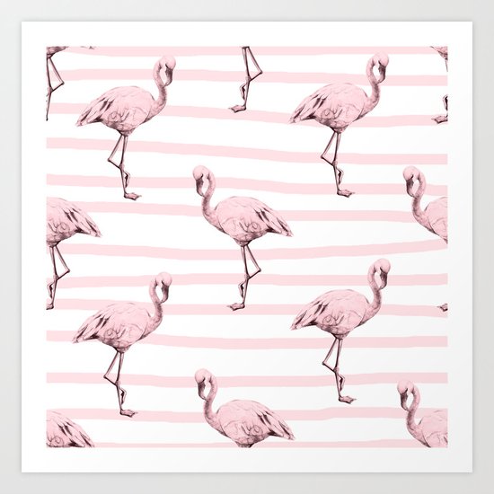 Flamingos on Drawn Stripes in Pink Flamingo Art Print