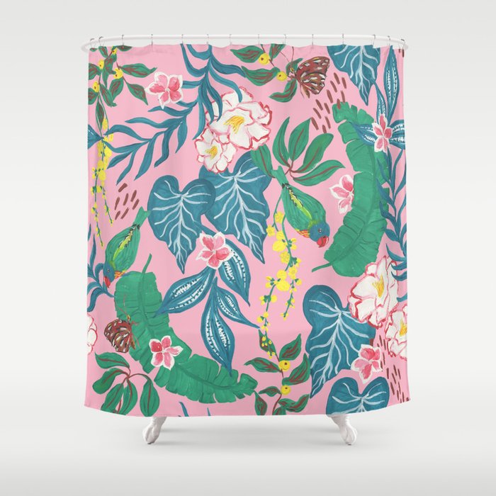 Tropical Pink Palm Parakeet Botanical Shower Curtain