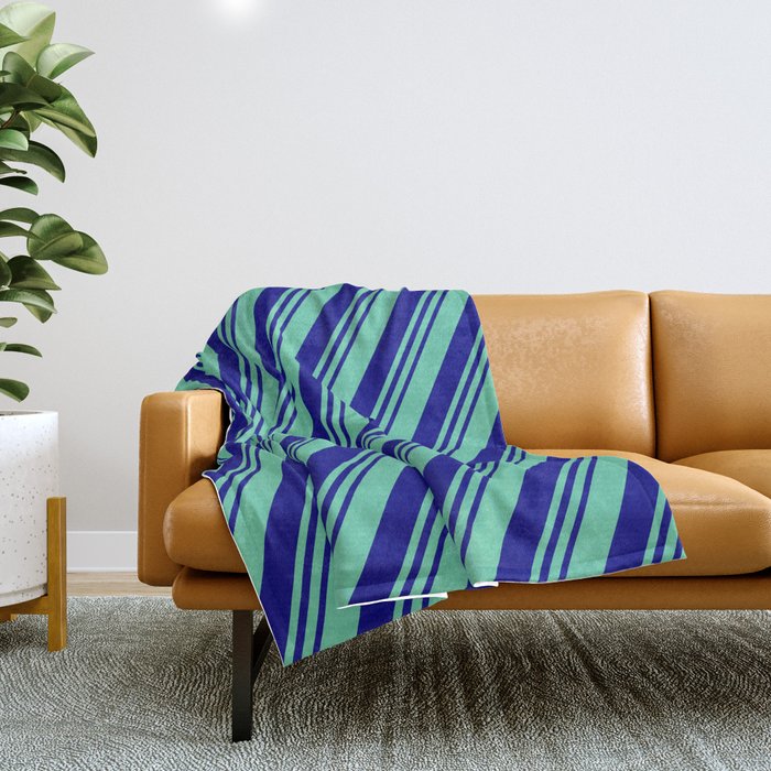 Aquamarine and Blue Colored Lined Pattern Throw Blanket