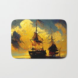 Sailing at Sunset Bath Mat | Sunset, Caravel, Water, Brigantine, Boat, Exploration, Sea, Clouds, Nautical, Wind 