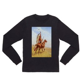 “Defiance” Western Art by Frederick Remington Long Sleeve T Shirt | Feathers, Horseback, Headdress, Defiance, Indians, Painting, Frontier, Spear, Cowboys, Threat 
