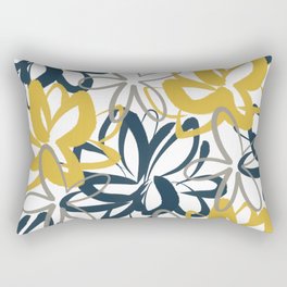 Lotus Garden Painted Floral Pattern in Light Mustard Yellow, Navy Blue, and Gray on White Rectangular Pillow