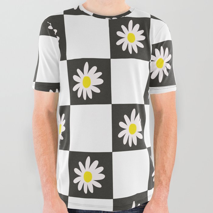 Black & White Daisy Checkered Pattern All Over Graphic Tee
