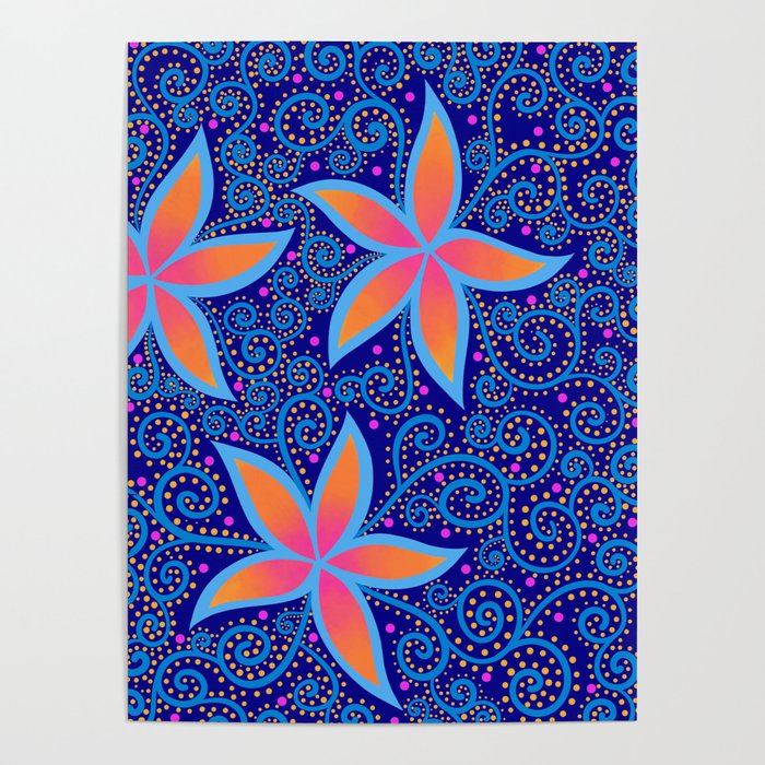 Orange & Blue Flowers and Mystical Swirls  Poster
