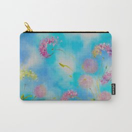 Light blue floral abstraction. Pink dandelions in the sky. Delicate flowers float in the air. Carry-All Pouch | Softabstractfloral, Pastellandscape, Bluehazeart, Dandelionsinsky, Floralabstraction, Flowerspainting, Pinkflowers, Delicateflowers, Summersday, Dandelionfluff 