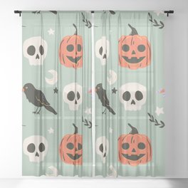 Halloween seamless pattern with ravens, skulls and pumpkin. Cute spooky illustration. Trick or treat holiday background. Hand drawn endless texture Sheer Curtain