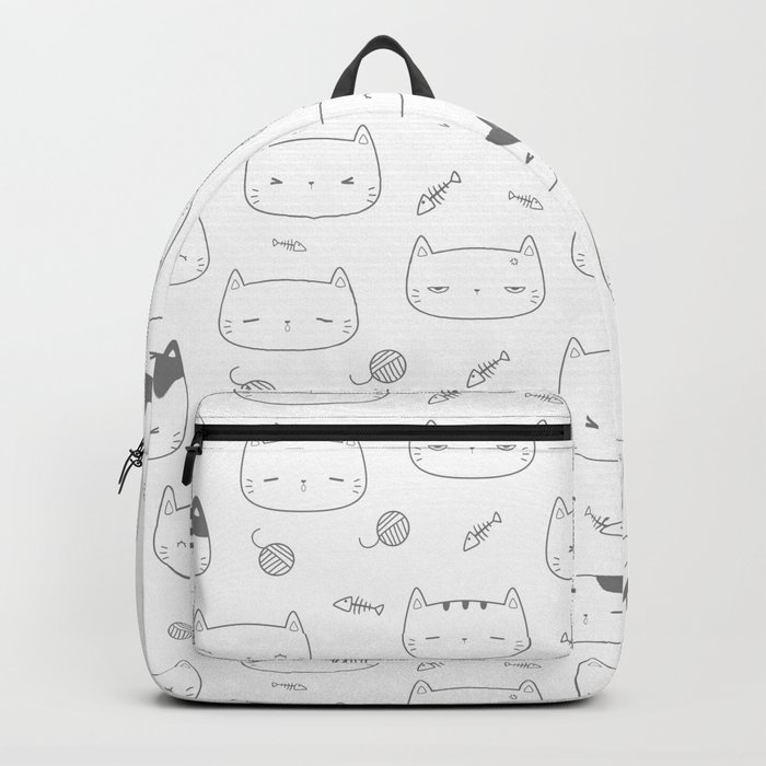 Grey Doodle Kitten Faces Pattern Backpack