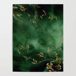 Winter Gold Flowers On Emerald Marble Texture Poster