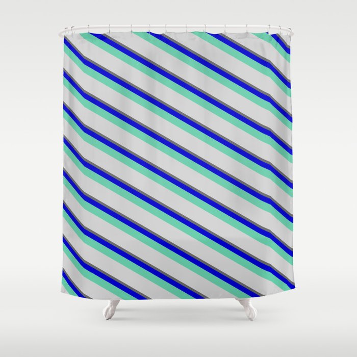 Dim Grey, Blue, Aquamarine & Light Grey Colored Lined/Striped Pattern Shower Curtain