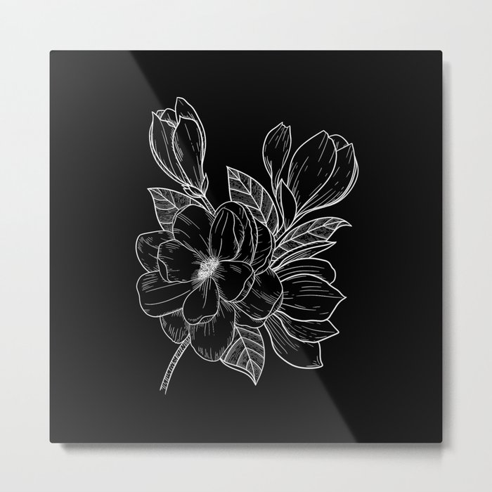 Magnolia Line Art - Black Background  Metal Print
