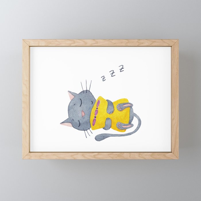 Sleepy cat with a pillow Framed Mini Art Print
