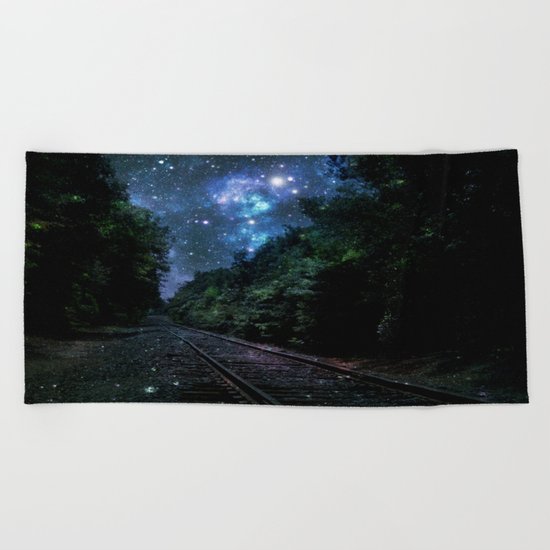Train Tracks : Next Stop Anywhere Blue Side View Beach Towel