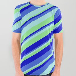 [ Thumbnail: Turquoise, Light Green, Blue, and Royal Blue Colored Stripes/Lines Pattern All Over Graphic Tee ]