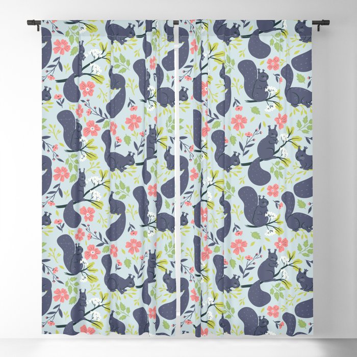 Grey flowers and squirrels Blackout Curtain