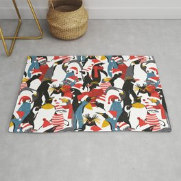 Merry penguins // black white grey dark teal yellow and coral type species of penguins red dressed for winter and Christmas season (King, African, Emperor, Gentoo, Galápagos, Macaroni, Adèlie, Rockhopper, Yellow-eyed, Chinstrap) Rug