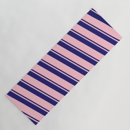 [ Thumbnail: Midnight Blue and Pink Colored Lined/Striped Pattern Yoga Mat ]