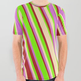[ Thumbnail: Green, Beige, Orchid, and Red Colored Lined Pattern All Over Graphic Tee ]