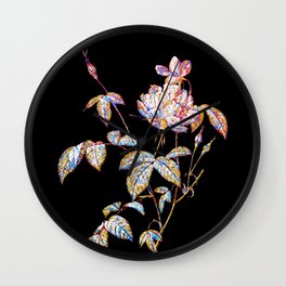 Floral White Bengal Rose Mosaic on Black Wall Clock