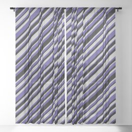 [ Thumbnail: Grey, Dark Slate Blue, and Black Colored Lined/Striped Pattern Sheer Curtain ]