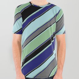 [ Thumbnail: Powder Blue, Dark Sea Green, Midnight Blue, Dim Gray, and Black Colored Striped/Lined Pattern All Over Graphic Tee ]