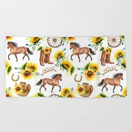 Country Western Horses & Sunflowers pattern Beach Towel