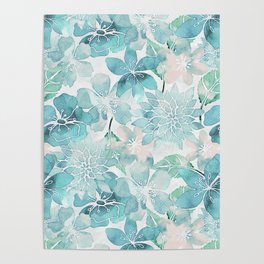 Blue green watercolor flower pattern Poster